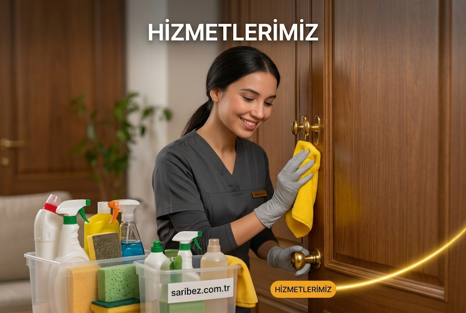 Profesyonel temizlik ekibi sarı bez ile kapı kolunu silerek hizmet veriyor